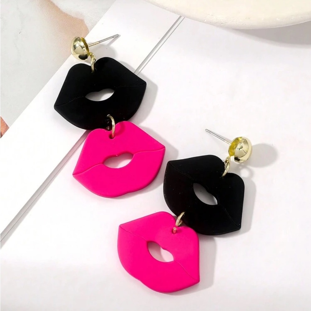 Hot Pink and Black Lips Kiss Earrings